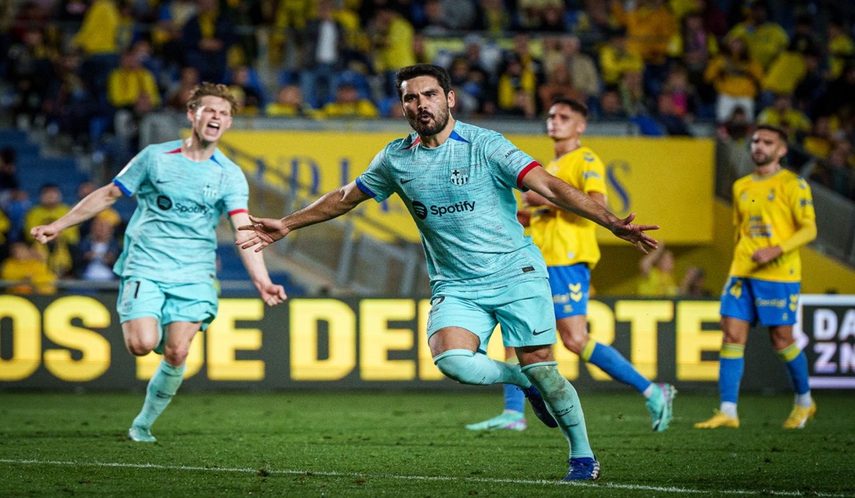 Pemain Barcelona ilkay Gundogan melakukan selebrasi usai mencetak gol ke gawang Las Palmas di laga La Liga.