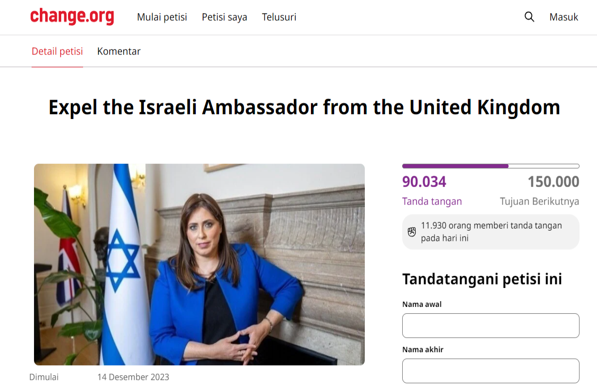 Petisi yang meminta pengusiran Duta Besar Israel untuk Inggris Tzipi Hotovely