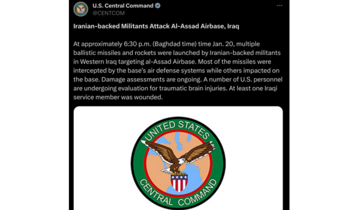 Unggahan akun Centcom AS, menginfokan serangan militan dukungan Iran ke pangkalan AS di Irak