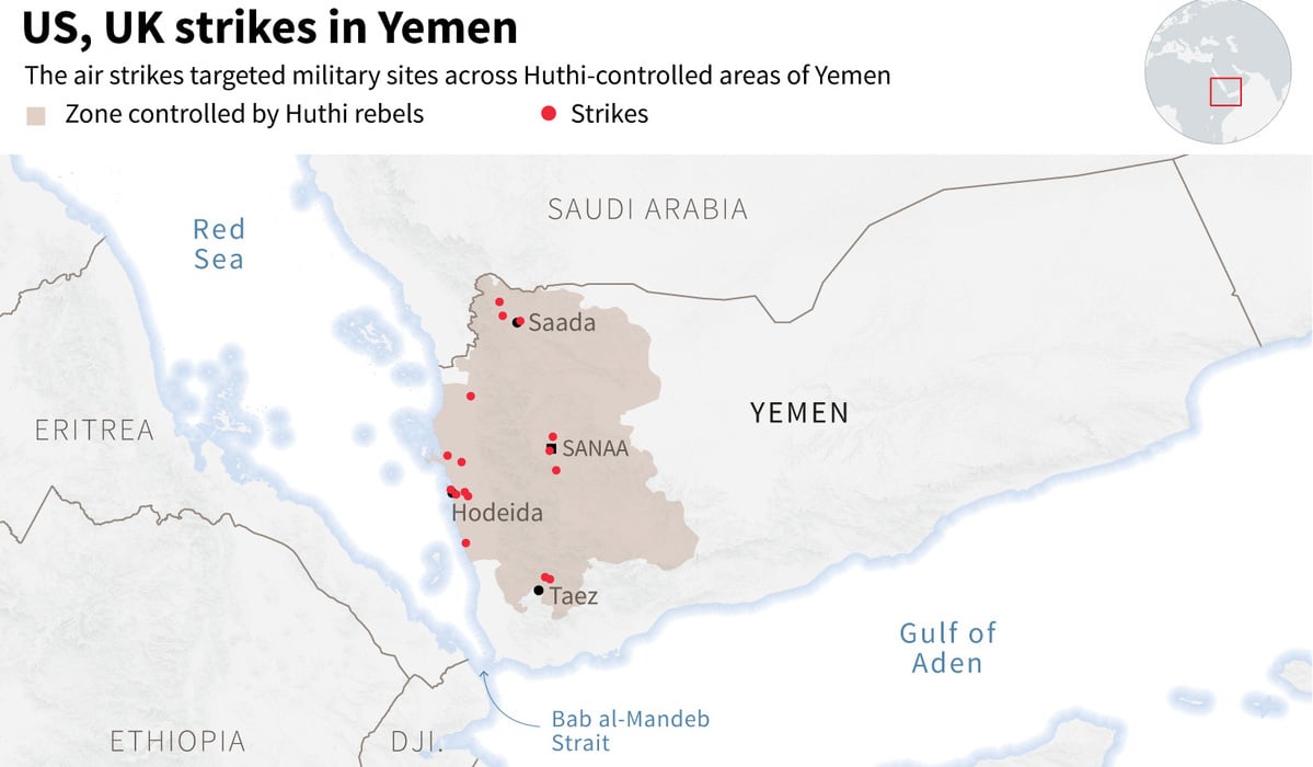 Peta kawasan Laut Merah, yang menjadi titik eskalasi serangan Houthi yang dibalas oleh AS-Inggris.