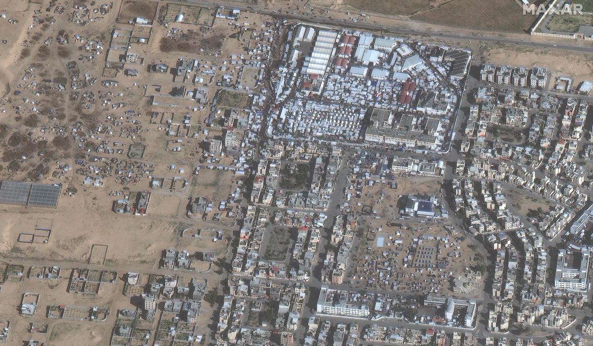 Foto udara wilayah Khan Younis di Gaza selatan pascaserangan Israel, 21 Januari 2024.