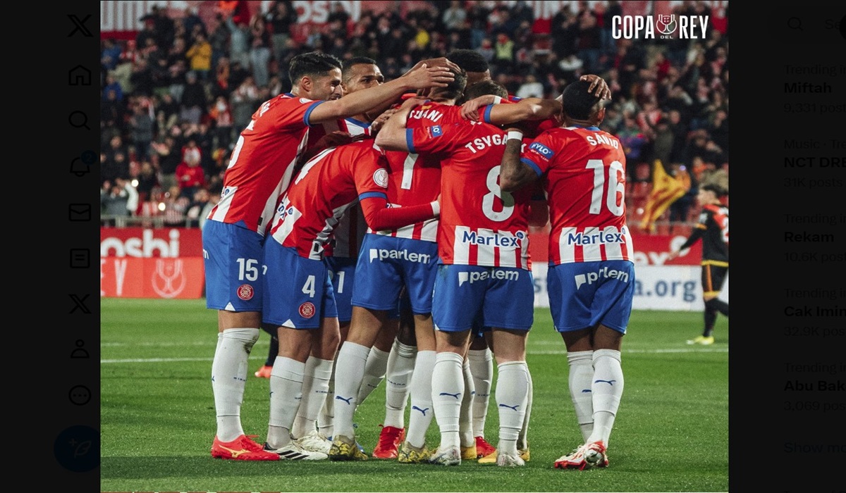 Para pemain Girona melakukan selebrasi usai mencetak gol ke gawang Rayo Vallencano di laga Copa del Rey