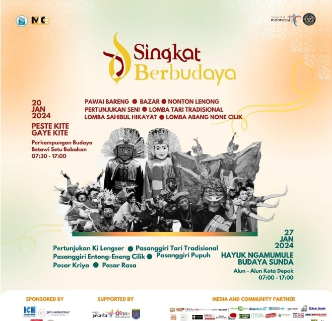 Acara Singkat Berbudaya 2024 akan berlangsung pada 20 dan 27 Januari 2024 di Setu Babakan dan Alun-Alun Kota Depok, Jawa Barat.