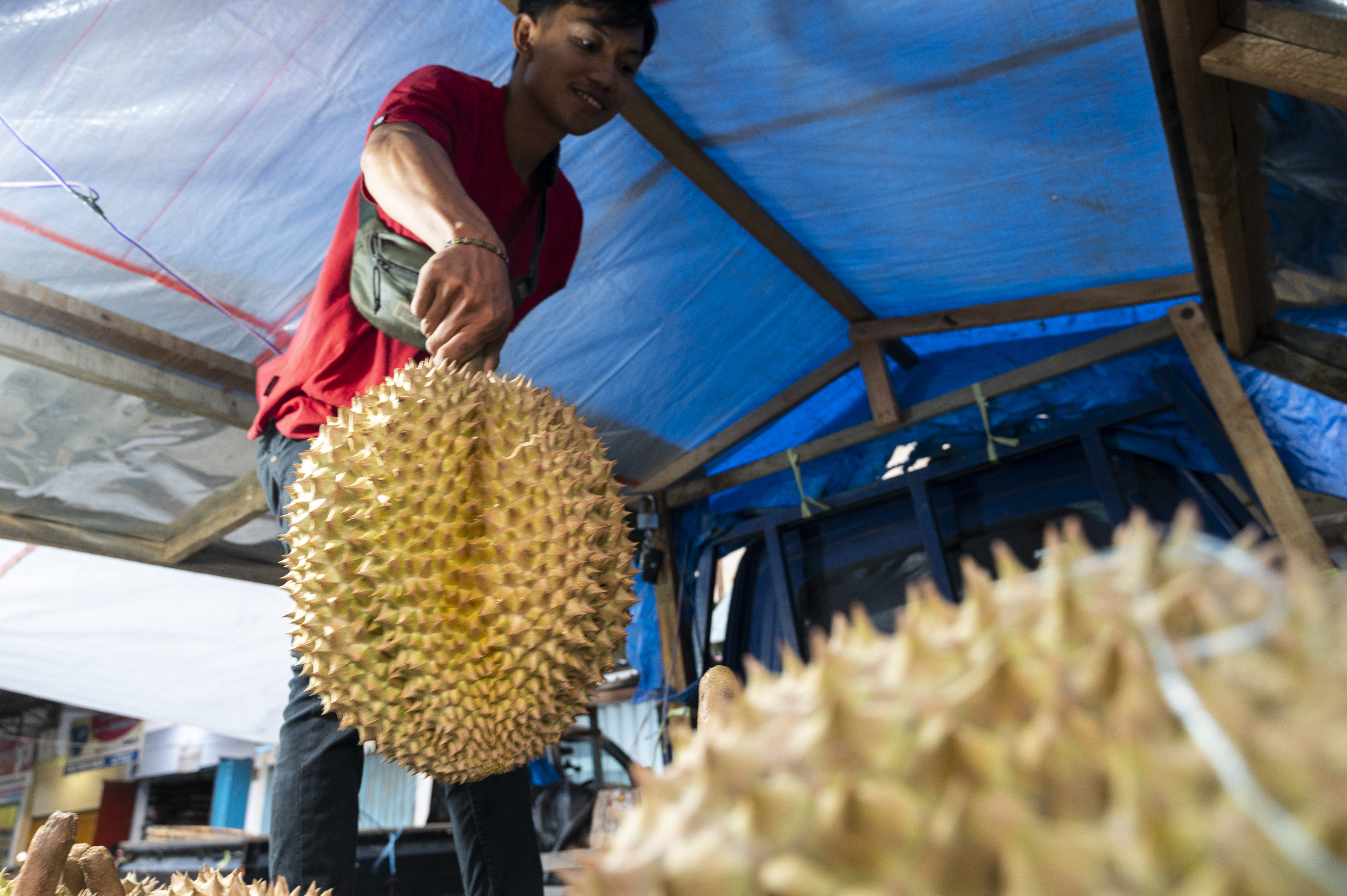 Pedagang berjualan durian montong di salah satu ruas jalan di Palu, Sulawesi Tengah, Senin (6/6/2022)