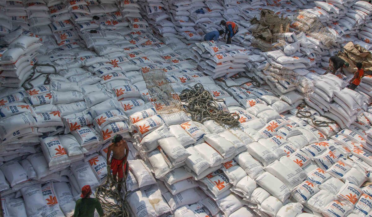 Aktivitas bongkar muat beras impor dari kapal Thai Bin asal Vietnam di Pelabuhan Tanjung Priok, Jakarta.