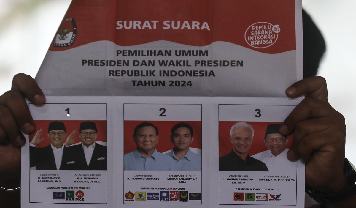 Surat suara Pilpres 2024 yang sudah tercoblos untuk pasangan nomor urut 1