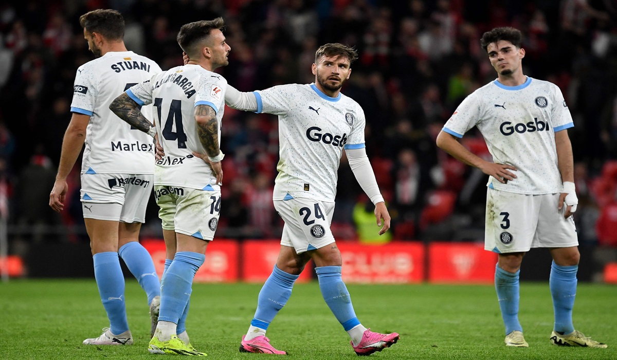Para pemain Girona bereaksi usai kalah dari Athletic Bilbao di laga lanjutan La Liga.