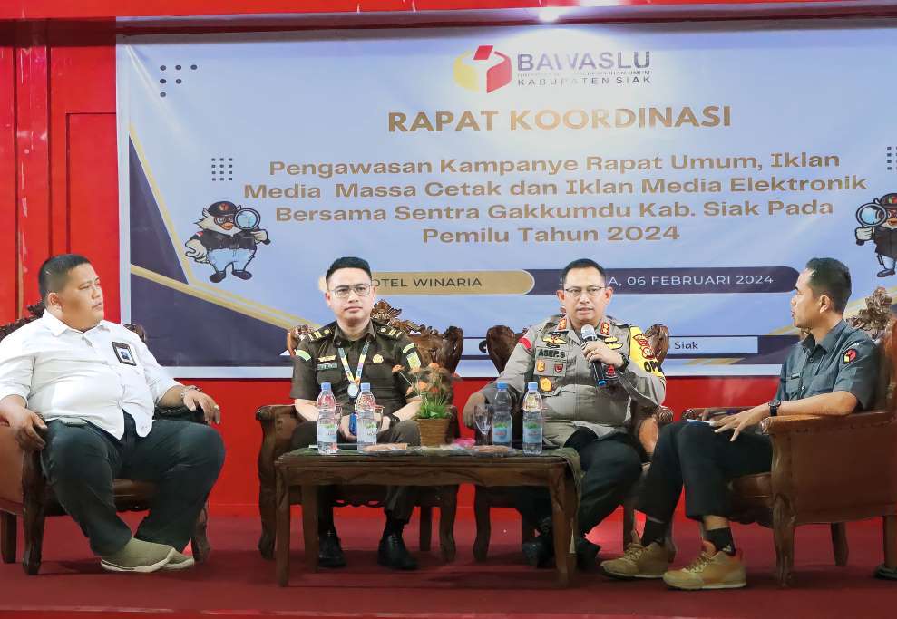 Rapat Koordinasi Pengawasan Kampenye Rapat Umum bersama sentra penegakan hukum terpadu (Gakkumdu) Kabupaten Siak di Siak, Riau.