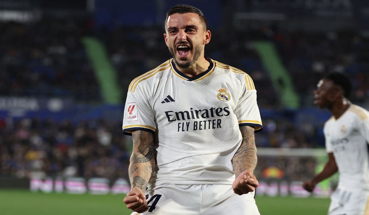 Penyerang Real Madrid Joselu melakukan selebrasi usai mencetak gol ke gawang Getafe di laga La Liga