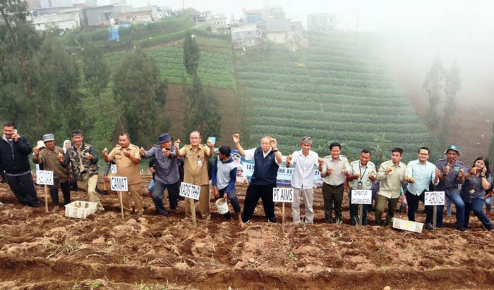 Petani muda Klaster 'Potato Forever' menanam kentang perdana bersama Project Manager PPIU Jatim, Acep Hariri.
