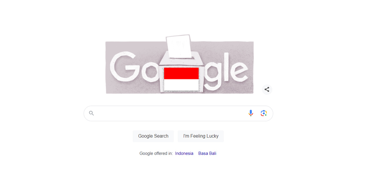 Google Doodle menampilkan kotak suara berwarna merah putih yang menjadi simbol proses Pemilu 2024.