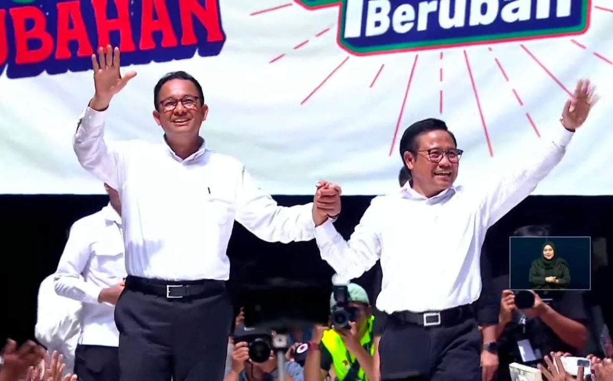 Pasangan capres dan cawapres Anies Baswedan Muhaimin Iskandar di kampanye akbar di JIS.