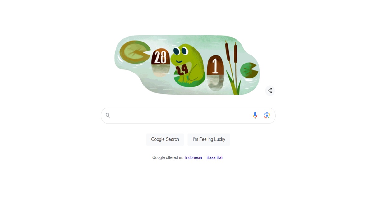Google Doodle menampakan katak yang melompat yang menggambarkan tentang tahun kabisat.