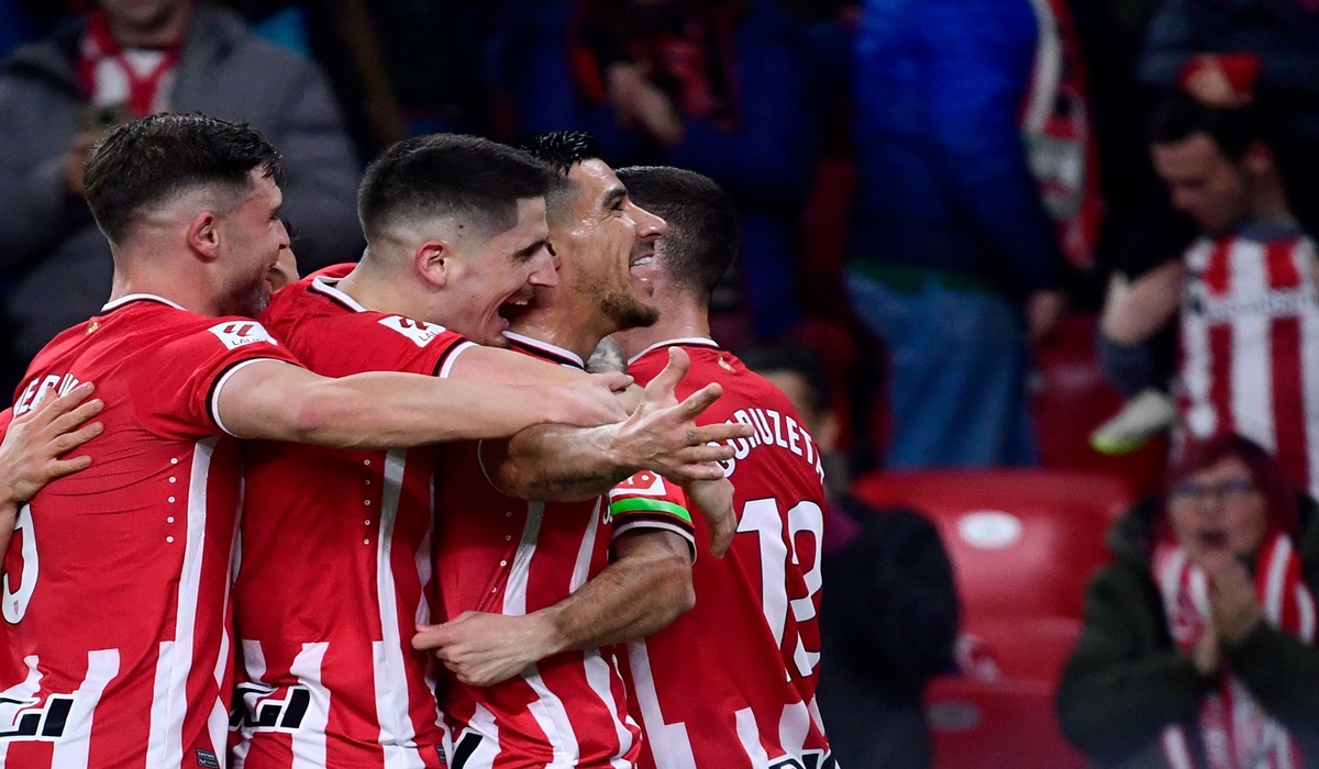 Para pemain Athletic Bilbao melakukan selebrasi usai mencetak gol ke gawang Mallorca di laga lanjutan La Liga.