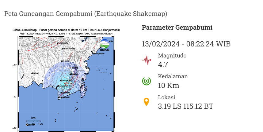 Peta guncangan gempa bumi di Kalsel, Selasa (13/2) pagi.