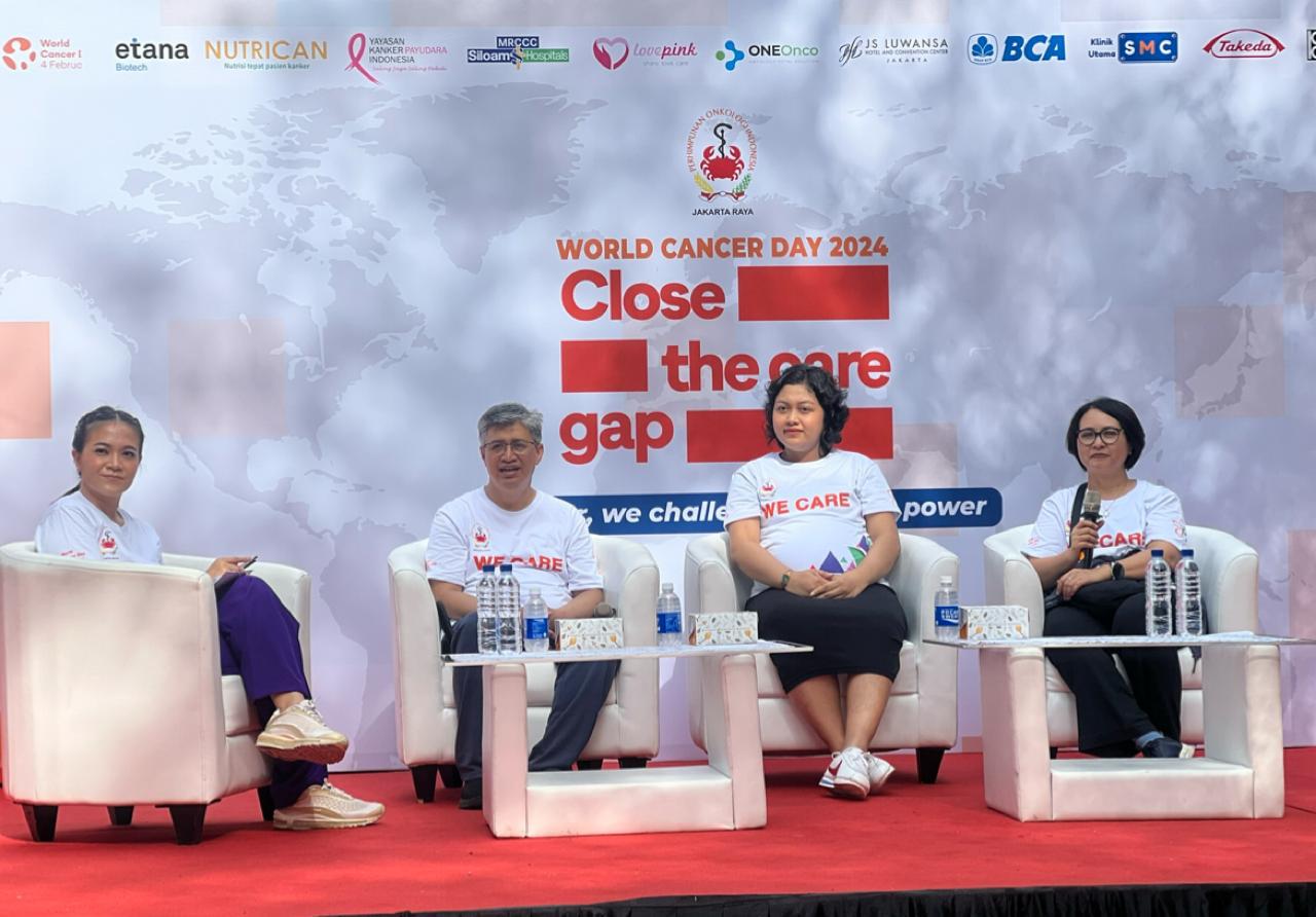 Konfernsi pers peringatan Hari Kanker Sedunia yang bertema 'Close The Care Gap' di Jakarta, pada Minggu (4/2/2024).