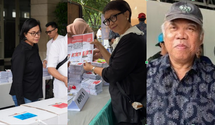 Sri Mulyani, Retno Marsudi, dan Basuki Hadimuljono saat mencoblos ke TPS.