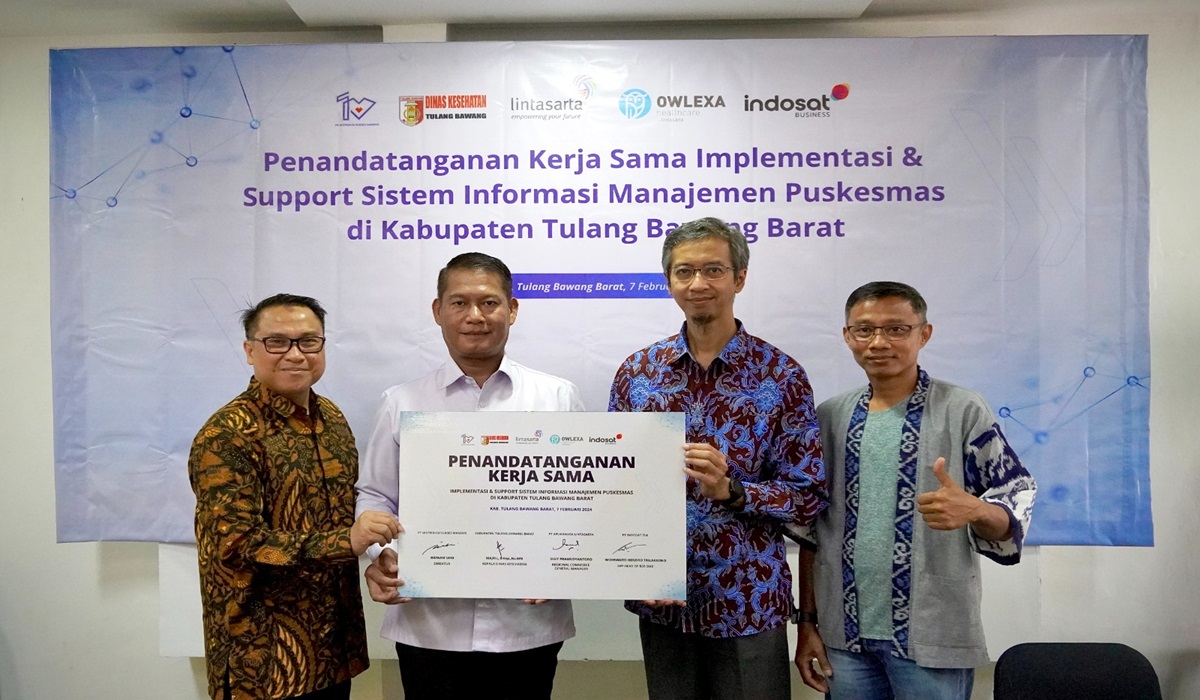 Penandatangan Kerja Sama Implementasi dan Support Sistem Informasi Manajemen Puskesmas di Kabupaten Tulang Bawang Barat, Lampung.