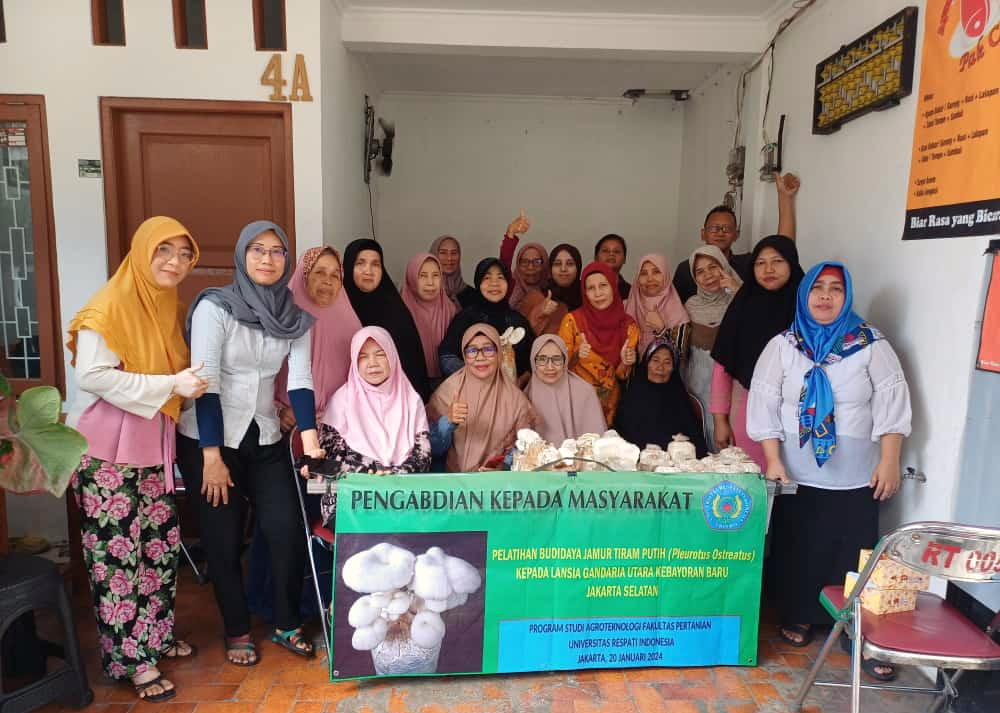 Sejumlah pengajar Agroteknologi Fakultas Pertanian Urindo memberikan pelatihan budidaya jamur tiram putih kepada masyarakat lansia.