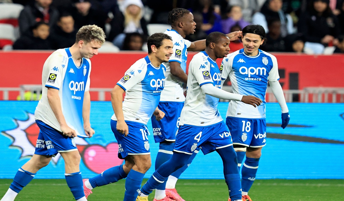 Para pemain Monaco melakukan selebrasi usai mencetak gol ke gawang Nice di laga Ligue 1.