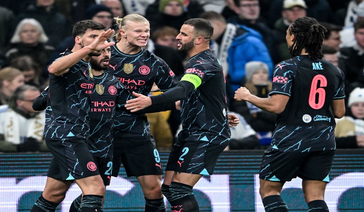 Para pemain Manchester City melakukan selebrasi usai mencetak gol ke gawang FC Copenhagen di laga leg pertama 16 besar Liga Champions.
