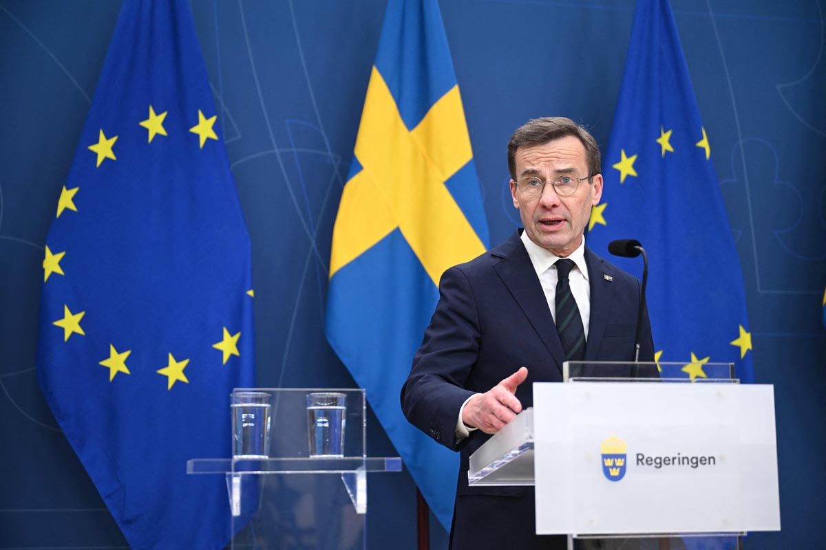 PM Swedia Ulf Kristersson menghadiri konferensi pers setelah parlemen Hongaria memberikan suara ya untuk meratifikasi aksesi NATO