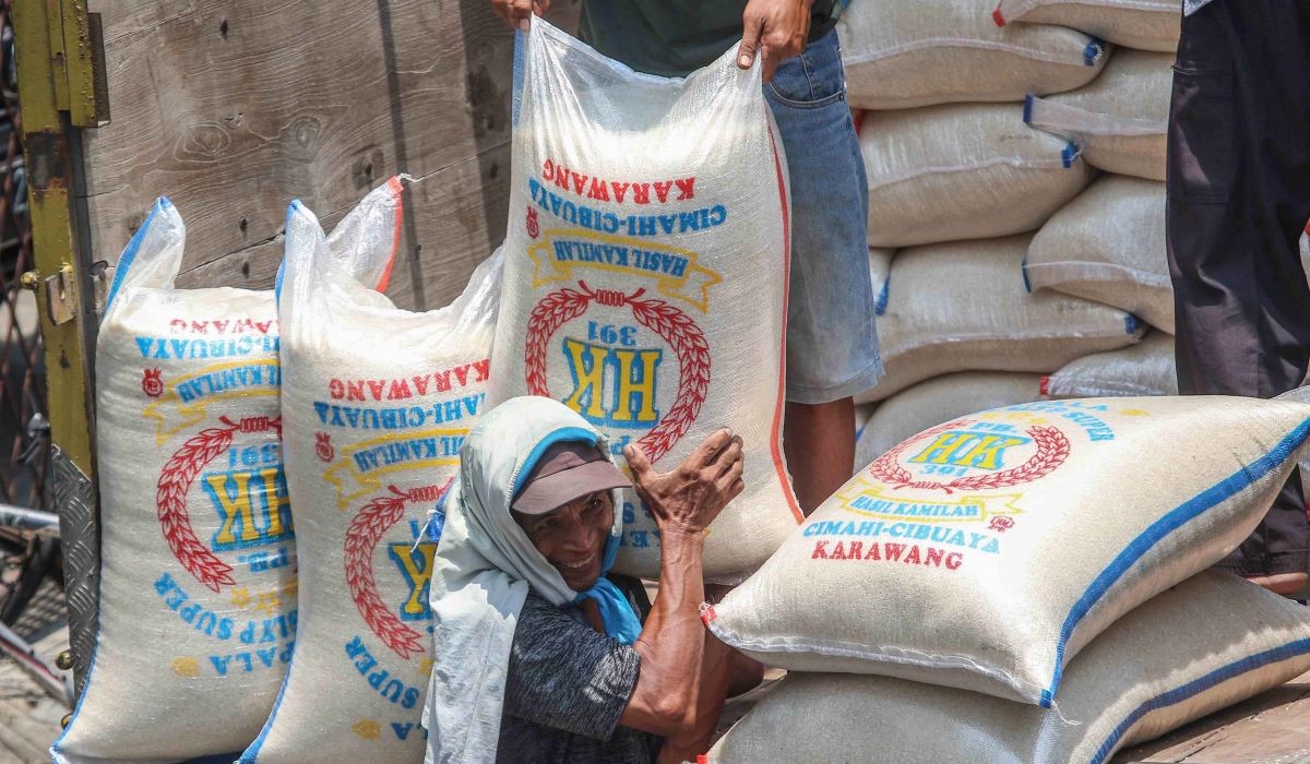 Ilustrasi: pekerja melakukan bongkar muat beras karungan di salah satu agen beras