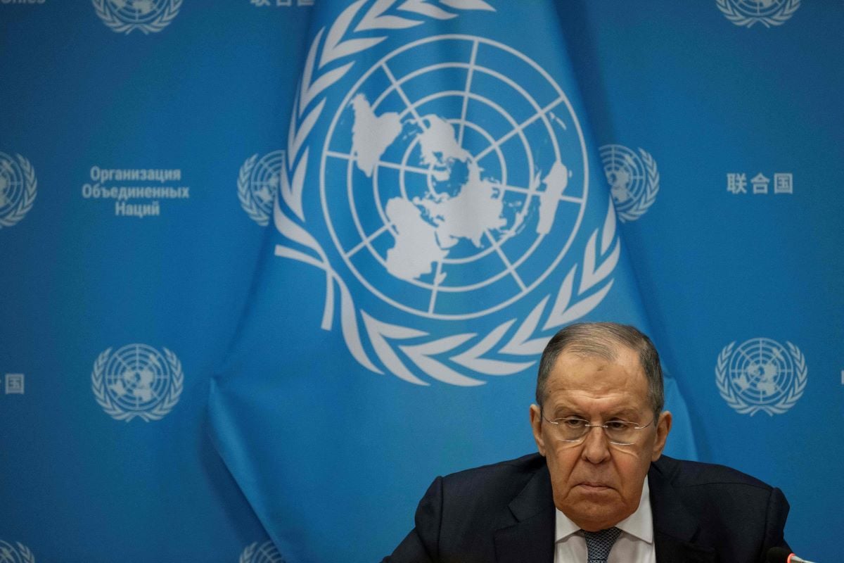 Menlu Rusia, Sergei Lavrov mengadakan konferensi pers di markas besar PBB di New York pada 24 Januari 2024.