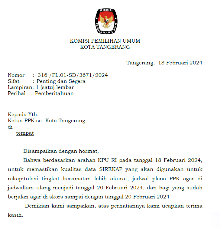 Surat penghentian proses rekapitulasi suara dari KPU