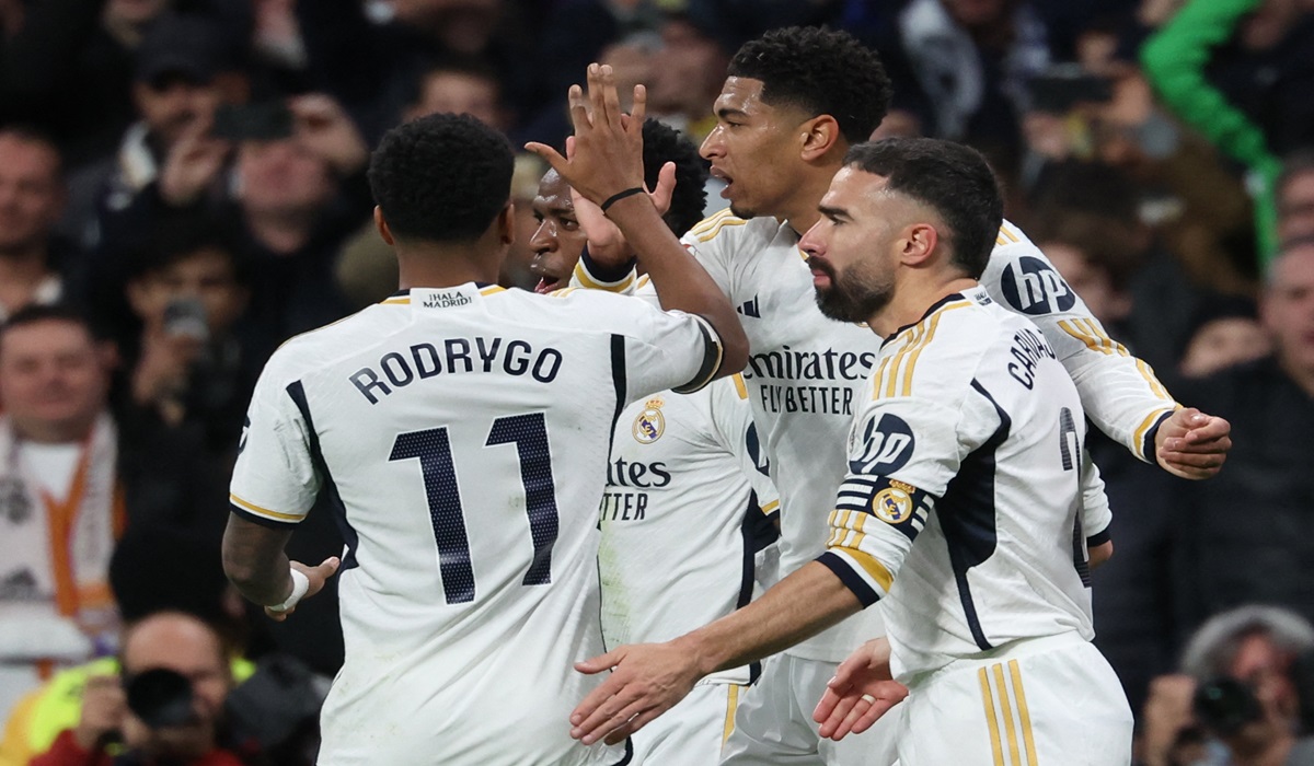 Para pemain Real Madrid melakukan selebrasi usai mencetak gol ke gawang Girona di laga La Liga.