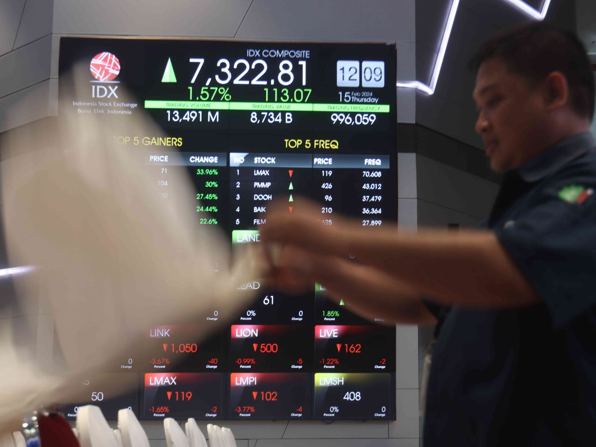 Layar informasi pergerakan Indeks Harga Saham Gabungan (IHSG) di Bursa Efek Indonesia (BEI), Jakarta, Kamis (15/2/2024). 