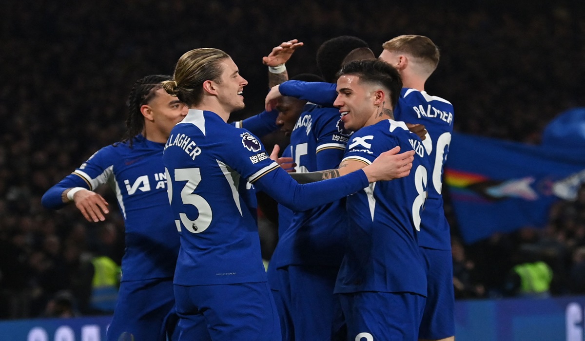 Para pemain Chelsea melakukan selebrasi usai mencetak gol ke gawang Newcastle United di laga Liga Primer Inggris.