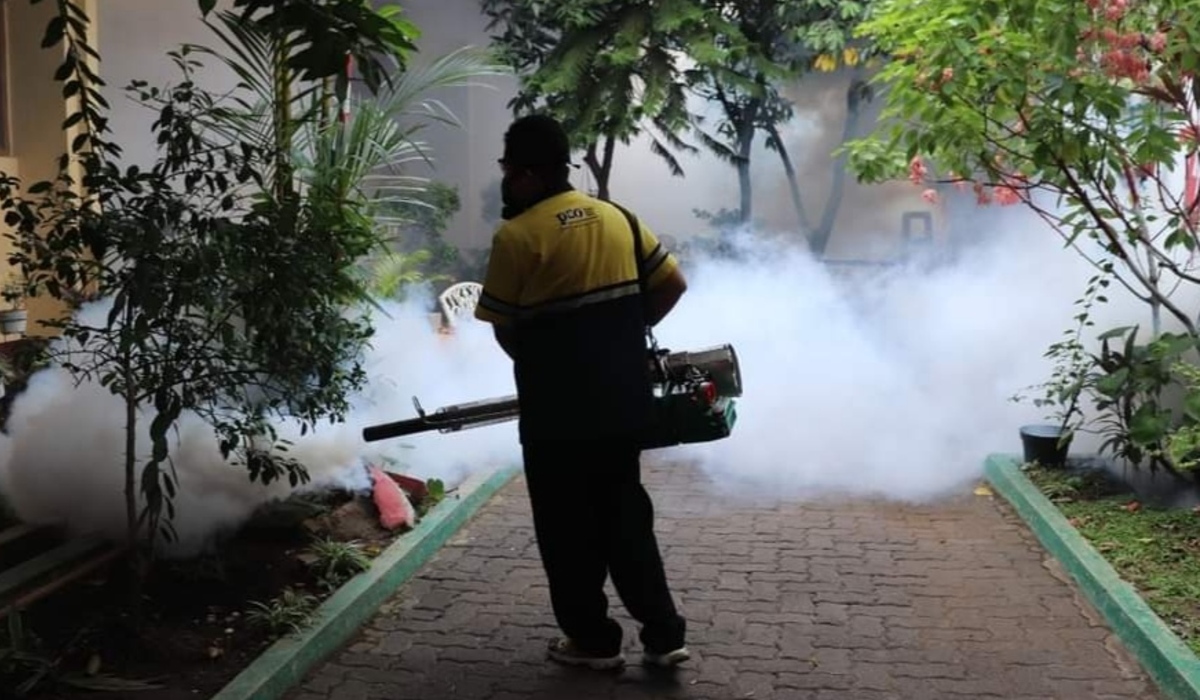 Kegiatan fogging untuk mengendalikan DBD di salah satu kelurahan di Semarang, Jawa Tengah.