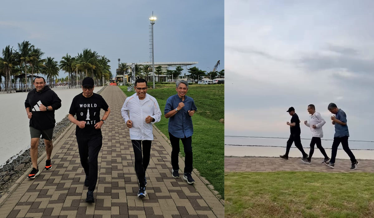 Saleh Husin dan Budi Karya Sumadi memilih ngabuburit sambil berjalan kaki di kawasan PIK 2, Jumat (29/3).