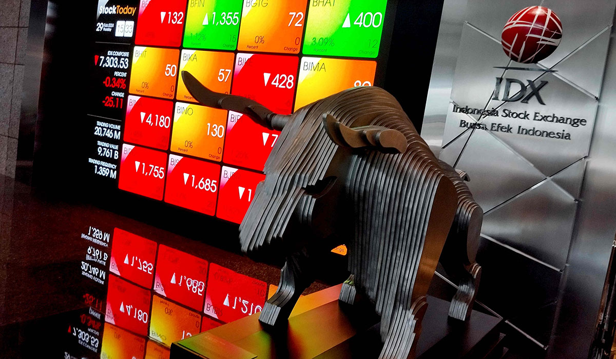 Layar informasi pergerakan Indeks Harga Saham Gabungan (IHSG) di Bursa Efek Indonesia, Jakarta, Kamis (29/2).