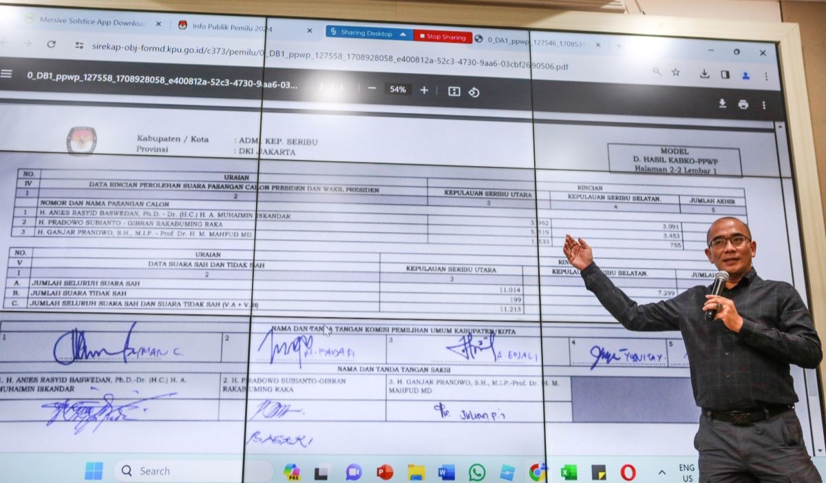 Ketua KPU Hasyim AsyÕari menunjukkan rekapitulasi Pilpres 2024 dari Sirekap di Gedung KPU RI, Jakarta, 