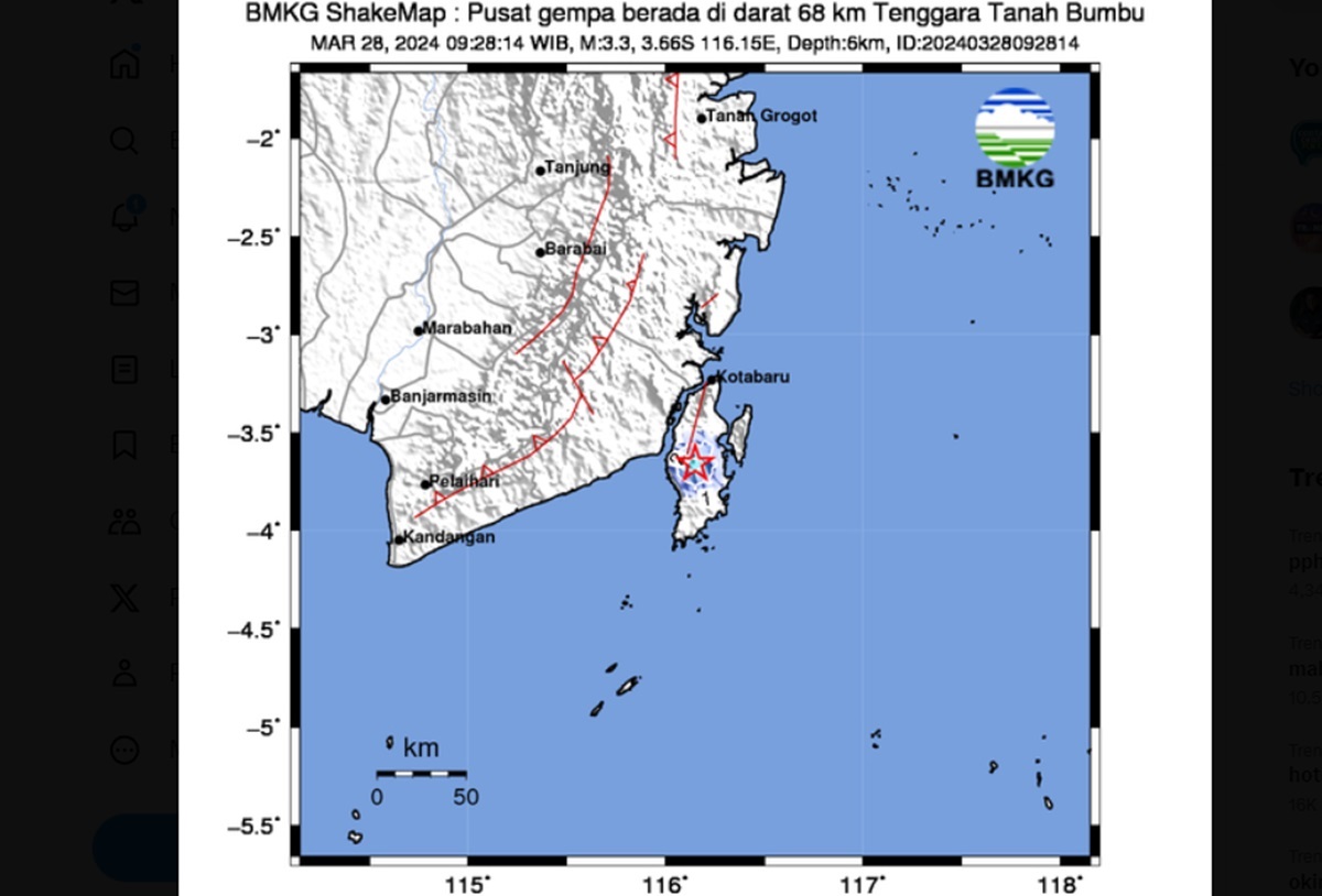 BMKG mencatat guncangan gempa bermagnitudo 3,3 dirasakan di wilayah Kabupaten Kotabaru.