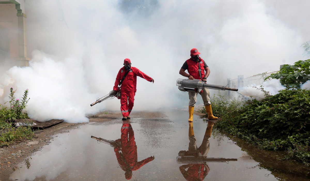 Petugas Dinas Kesehatan melakukan pengasapan (fogging) untuk membasmi nyamuk Aedes aegypti penyebab demam berdarah dengue (DBD).