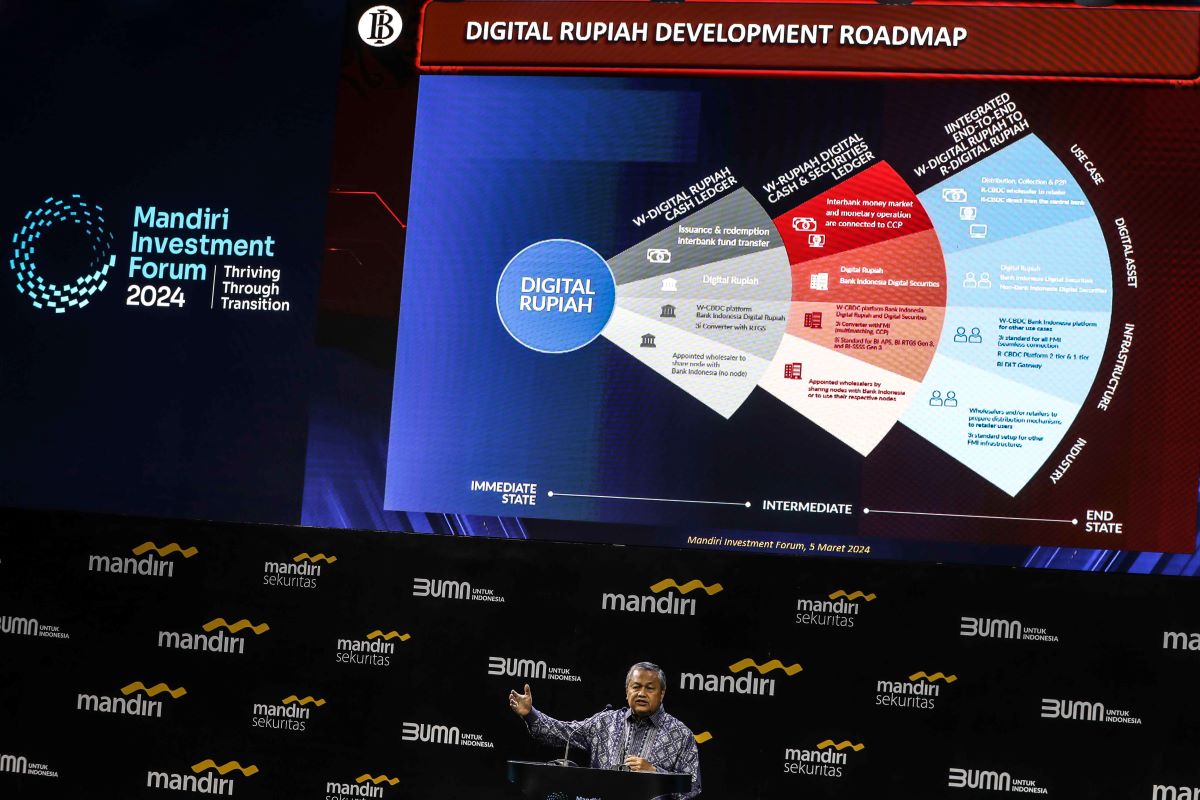 Gubernur Bank Indonesia Perry Warjiyo saat acara Mandiri Investment Forum (MIF) 2024 di Jakarta