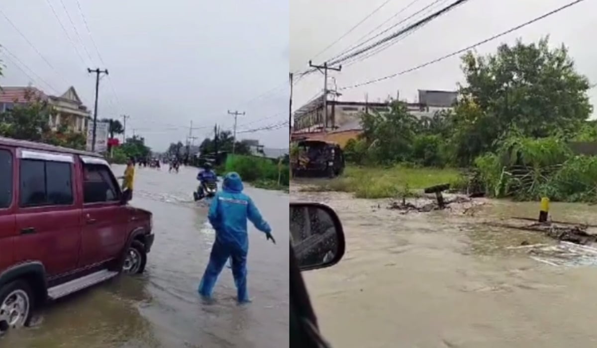 Hujan deras menyebabkan banjir dan jalan ambles di Kupang, NTT.