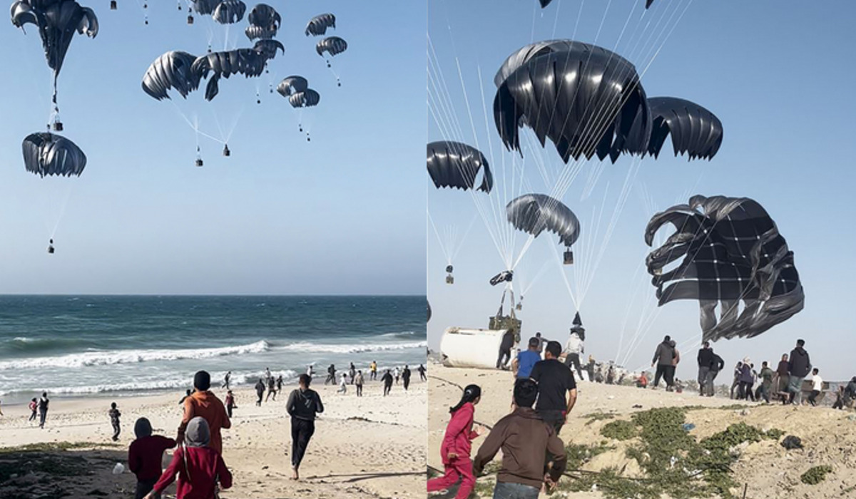 Warga Gaza mengejar bantuan makanan yang dikirim lewat udara oleh tentara AS.