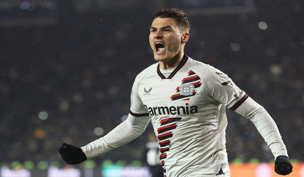 Penyerang Bayer Leverkusen Patrik Schick melakukan selebrasi usai mencetak gol ke gawang Qarabag FK di laga Liga Europa.