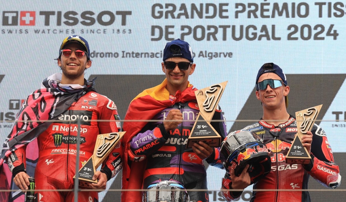 Jorge Martin (tengah), Enea Bastianini (kiri), dan Pedro Acosta (kanan).