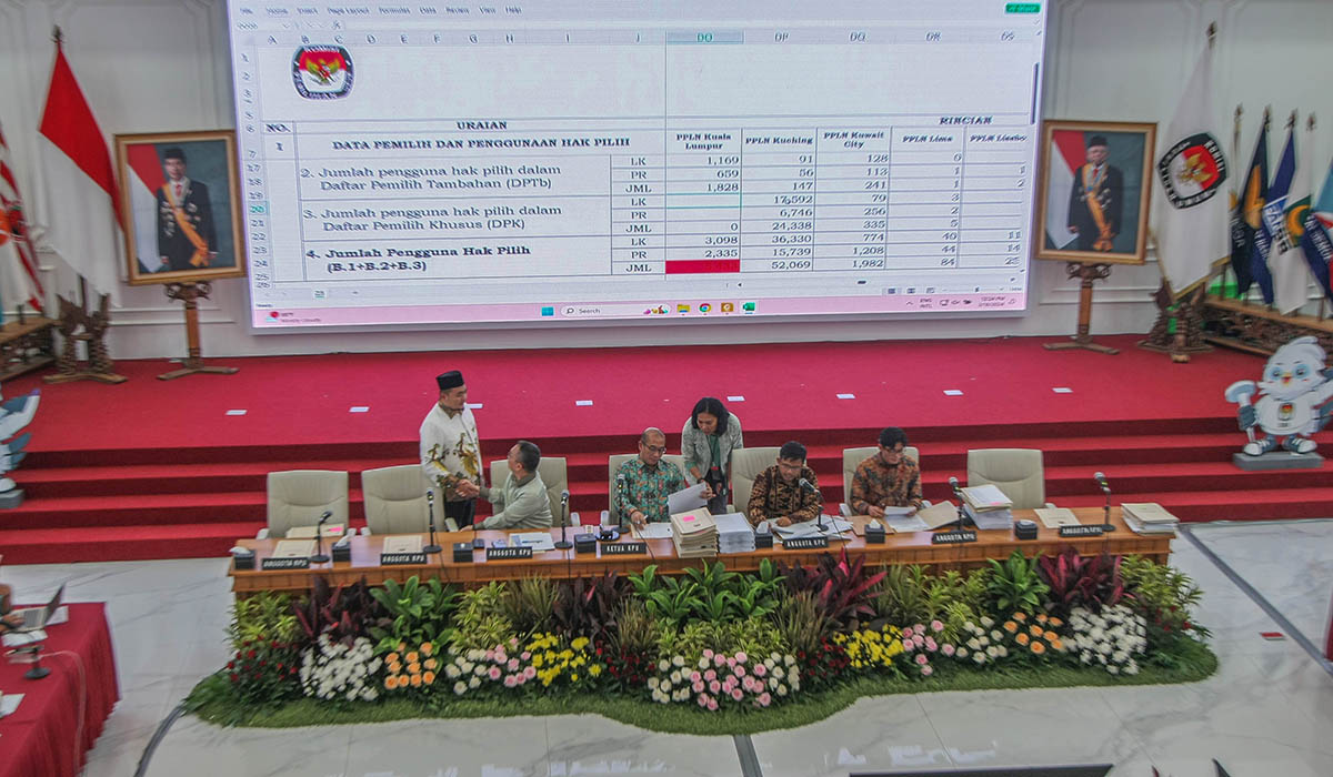 Jajaran Komisioner KPU memimpin rapat pleno terbuka penghitungan suara nasional Pemilu 2024 di Gedung KPU, Jakarta, Senin (18/3).