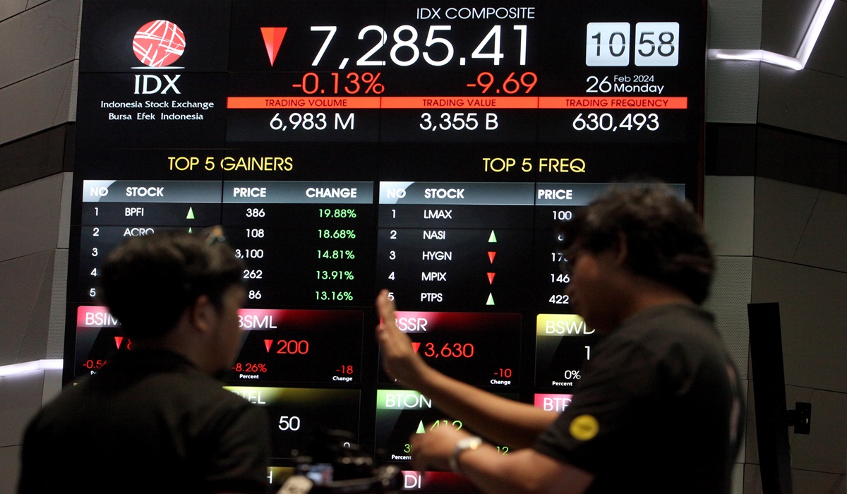 Pergerakan saham-saham yang terpampang pada layar elektronik di Bursa Efek Indonesia (BEI), Jakarta,.