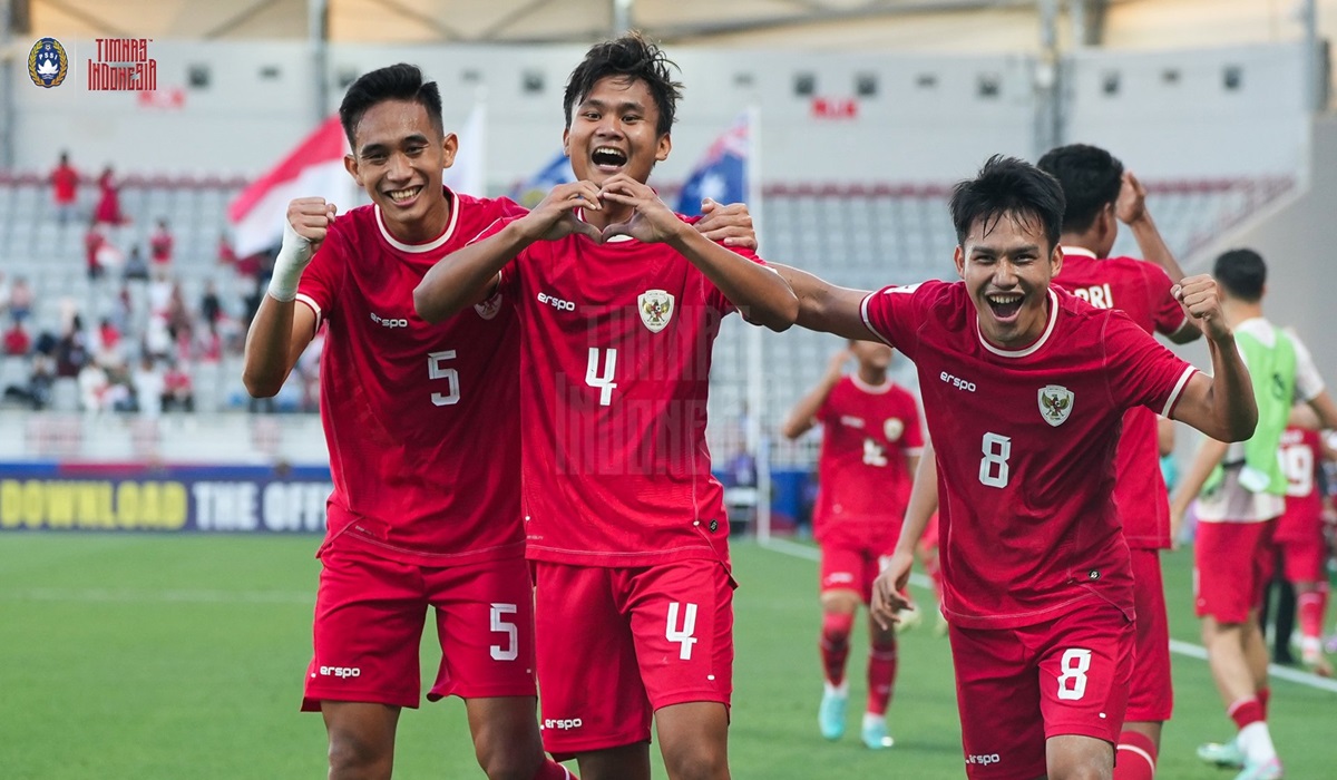 Timnas U-23 Indonesia melakukan selebrasi usai menjebol gawang timnas Australia di laga Piala Asia U-23.