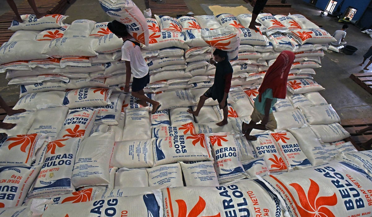 Sejumlah pekerja mengangkut beras impor dari Thailand yang baru tiba di gudang Bulog Banten 