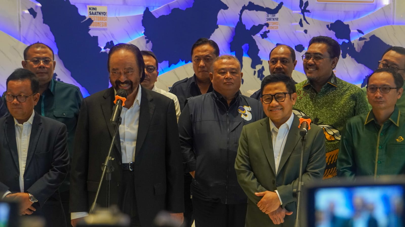 KETUA Umum Partai NasDem Surya Paloh menerima kunjungan Ketua Umum PKB Muhaimin Iskandar (Cak Imin) di Gedung Nasdem Tower