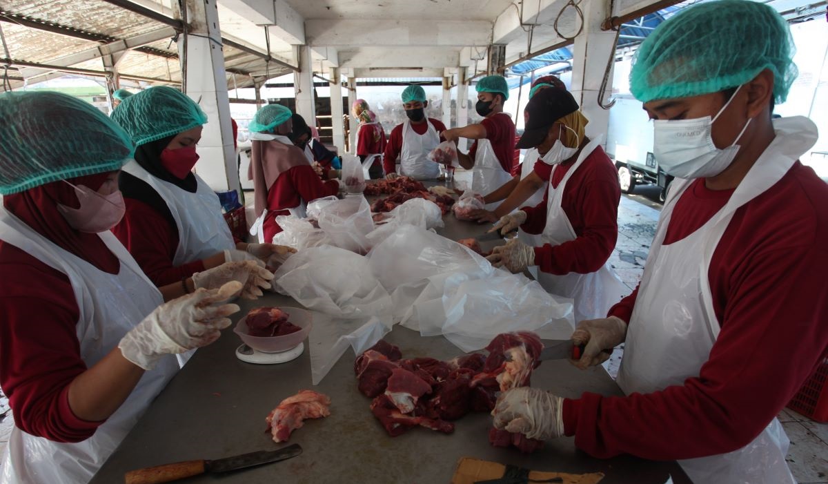  Sejumlah pekerja mengemas potongan daging hewan kurban milik warga di Perusahaan Daerah (PD) Rumah Potong Hewan (RPH) Surabaya, Jawa Timur.