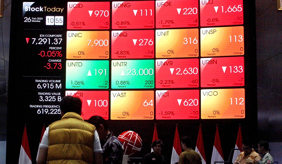 Pergerakan saham-saham yang terpampang pada layar elektronik di Bursa Efek Indonesia (BEI), Jakarta, Senin (26/2).